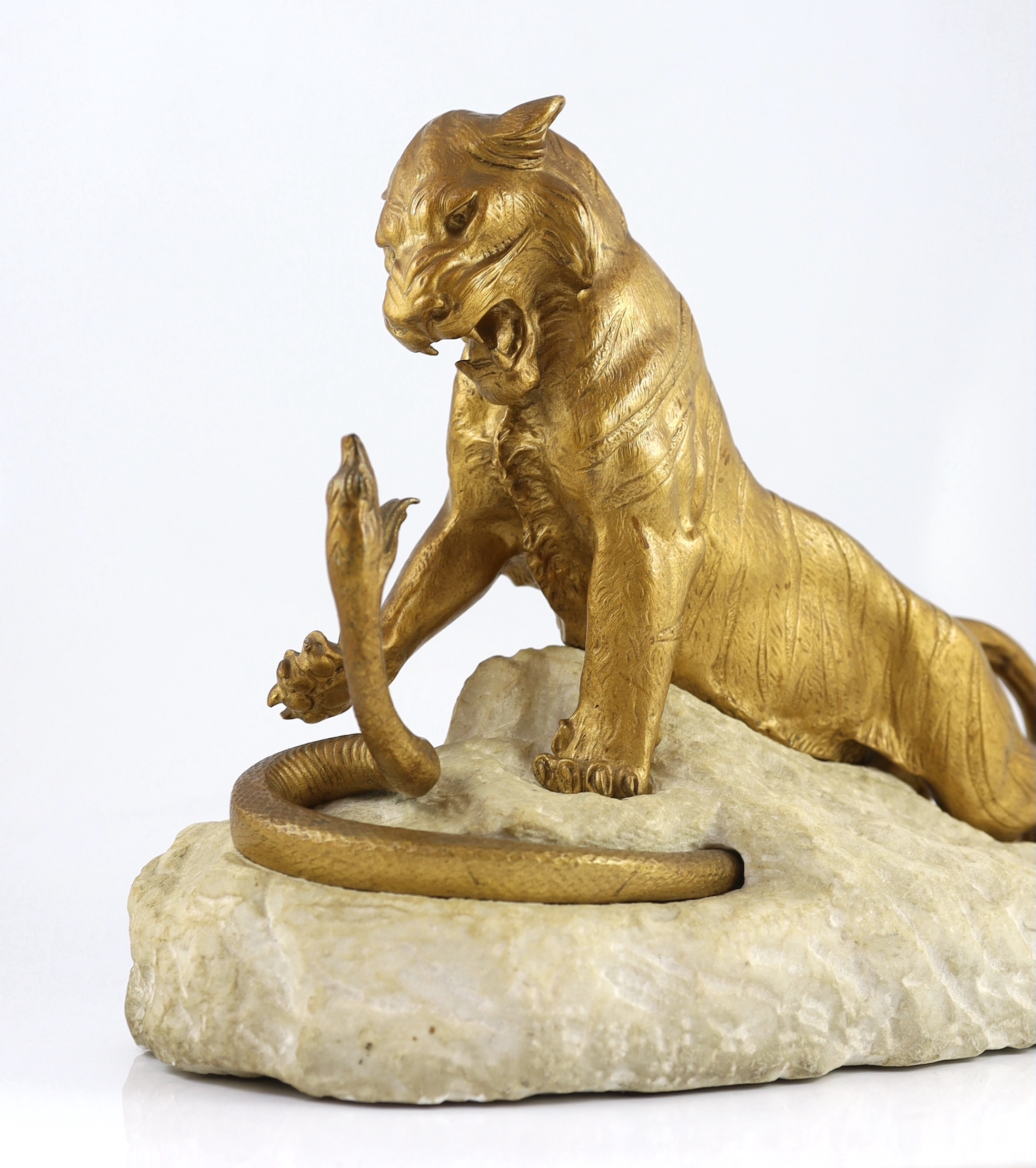 Robert Bousquet (French 1894-1817). An Art Deco bronze and marble group of a tiger fighting a serpent, 44cm wide, 20cm deep, 33cm high